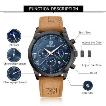 BY BENYAR Watches for Men Chronograph Waterproof Men's Wrist Watches Business Work Casual Sport Fashion Brown Leather Mens Dress Watch Unique Elegant Gifts for Men
