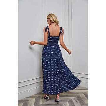 kinstell Women's Summer Boho Spaghetti Strap Square Neck Ruffle Casual Flowy Long Dress Beach Swing Party Maxi Dress Dark Blue
