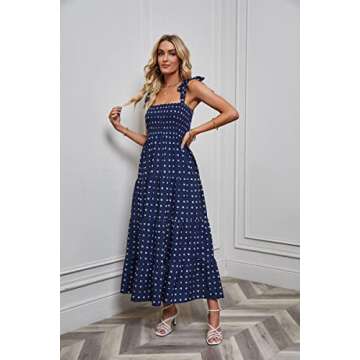 kinstell Women's Summer Boho Spaghetti Strap Square Neck Ruffle Casual Flowy Long Dress Beach Swing Party Maxi Dress Dark Blue