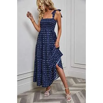kinstell Women's Summer Boho Spaghetti Strap Square Neck Ruffle Casual Flowy Long Dress Beach Swing Party Maxi Dress Dark Blue