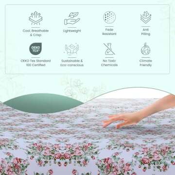 Feather & Stitch Softest 100% Cotton Sheets, 300 Thread Count Percale Weave Bedding, 16" Deep Pocket, Cooling Sheets, Breathable Bed Set, Hotel Premium Quality (Queen, Floral)