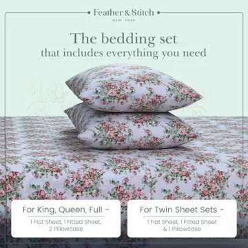 Feather & Stitch Softest 100% Cotton Sheets, 300 Thread Count Percale Weave Bedding, 16" Deep Pocket, Cooling Sheets, Breathable Bed Set, Hotel Premium Quality (Queen, Floral)