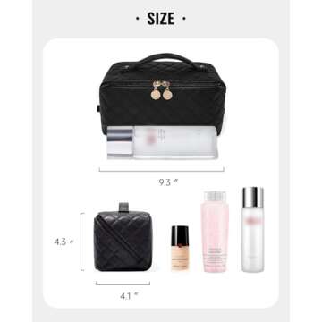 EACHY Travel Makeup Bag, Large Capacity Cosmetic Bags for Women, Waterproof Portable Open Flat Toiletry Bag Make up Bag with Divider and Handle, Gifts for Women (F-Black, Medium)