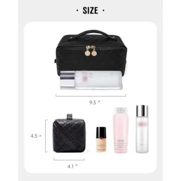 EACHY Travel Makeup Bag, Large Capacity Cosmetic Bags for Women, Waterproof Portable Open Flat Toiletry Bag Make up Bag with Divider and Handle, Gifts for Women (F-Black, Medium)