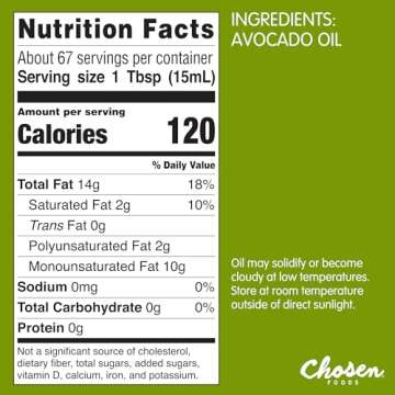 Chosen Foods 100% Pure Avocado Oil, Keto and Paleo Diet Friendly, Kosher Oil for Baking, High-Heat C...