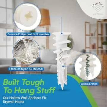 Premium Splitting Nylon 66 Self-Drilling Drywall Anchors and Screws Kit | Used On Drywall, Plaster Board, Sheetrock, Gypsum, Hollow Wall | 10#8X 1-1/4 Philips Screws and 10 Plastic Anchors - 90 Lbs