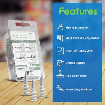 Premium Splitting Nylon 66 Self-Drilling Drywall Anchors and Screws Kit | Used On Drywall, Plaster Board, Sheetrock, Gypsum, Hollow Wall | 10#8X 1-1/4 Philips Screws and 10 Plastic Anchors - 90 Lbs