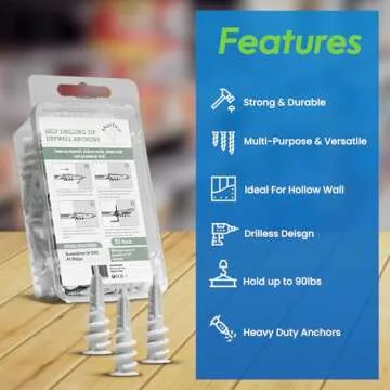 Premium Splitting Nylon 66 Self-Drilling Drywall Anchors and Screws Kit | Used On Drywall, Plaster Board, Sheetrock, Gypsum, Hollow Wall | 10#8X 1-1/4 Philips Screws and 10 Plastic Anchors - 90 Lbs