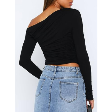 Darong Women's Casual Boat Neck Off Shoulder Long Sleeve Slim Fit Crop Top Going Out Shirts Y2K Tight T Shirts 9026 Black Small