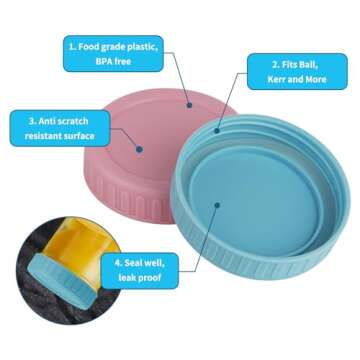 Vaincre 8PCS Mason Jar Lids - Colored Plastic Mason Lids Regular Mouth, Leak Proof Canning Covers with Silicone Rings for Ball, Kerr and More, Reusable Can Tops Caps Covers for Jars