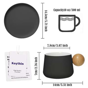 Koythin Ceramic Coffee Mug with Saucer Set, Cute Creative Cup with Round Wooden Handle Design for Of...