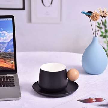 Koythin Ceramic Coffee Mug with Saucer Set, Cute Creative Cup with Round Wooden Handle Design for Office and Home, 10 oz/300 ml for Latte Tea Milk (Classic Black)