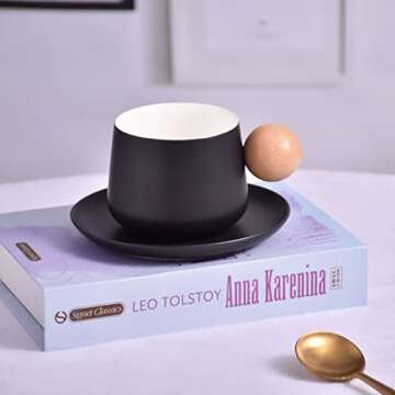 Koythin Ceramic Coffee Mug with Saucer Set, Cute Creative Cup with Round Wooden Handle Design for Office and Home, 10 oz/300 ml for Latte Tea Milk (Classic Black)