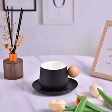 Koythin Ceramic Coffee Mug with Saucer Set, Cute Creative Cup with Round Wooden Handle Design for Office and Home, 10 oz/300 ml for Latte Tea Milk (Classic Black)