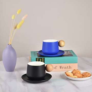 Koythin Ceramic Coffee Mug with Saucer Set, Cute Creative Cup with Round Wooden Handle Design for Office and Home, 10 oz/300 ml for Latte Tea Milk (Classic Black)