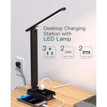 Addtam LED Desk Lamp, Power Strip with 3 Outlets 4 USB Charging Ports(2 USBC), 4 Modes 5 Level Brigh...