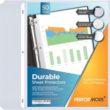 Performore 50 Sheet Protectors, Durable Clear Page 8.5 X 11 Inch for 3 Ring Binder, Plastic Sheet Sleeves, Durable Top Loading Paper Protector with Reinforced Holes, Archival Safe