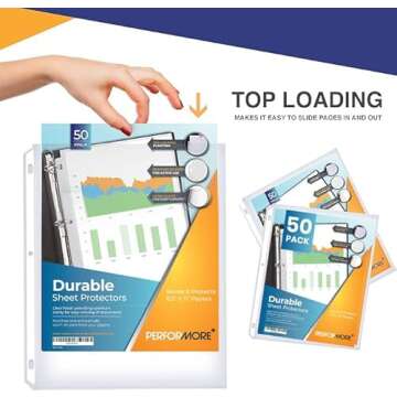 Performore 50 Sheet Protectors, Durable Clear Page 8.5 X 11 Inch for 3 Ring Binder, Plastic Sheet Sleeves, Durable Top Loading Paper Protector with Reinforced Holes, Archival Safe