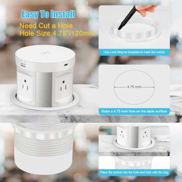 Automatic Pop up Outlet, Wireless Charger Power Strip Surge Protector Recessed Outlet, 4 AC Plug + T...