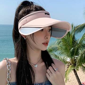 Sun Visor Hat for Women with Retractable Brim UV Protection Wide Brim Golf Visor Cap Tennis Running Sunshade Hat Beige