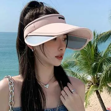 Sun Visor Hat for Women with Retractable Brim UV Protection Wide Brim Golf Visor Cap Tennis Running Sunshade Hat Beige