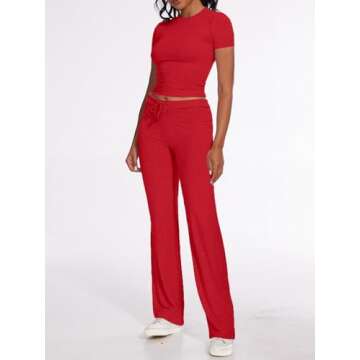 AnotherChill Women's 2 Piece Lounge Sets Straight Leg Pants Set Short Sleeve Crop T-shirt Casual Outfits Comfy Loungewear (Red, Large)