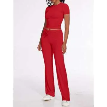 AnotherChill Women's 2 Piece Lounge Sets Straight Leg Pants Set Short Sleeve Crop T-shirt Casual Outfits Comfy Loungewear (Red, Large)