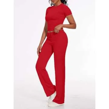 AnotherChill Women's 2 Piece Lounge Sets Straight Leg Pants Set Short Sleeve Crop T-shirt Casual Outfits Comfy Loungewear (Red, Large)