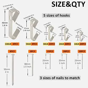 136Pcs Picture Hangers, 5 Sizes Picture Hanging Kits Including 10/20/30/50/100lb Picture Hanging Hoo...