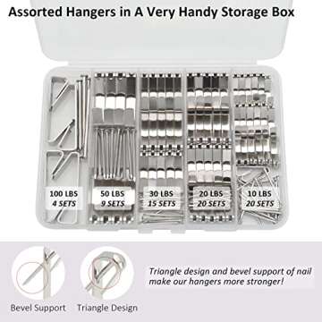 136Pcs Picture Hangers, 5 Sizes Picture Hanging Kits Including 10/20/30/50/100lb Picture Hanging Hooks, Sorted Picture Hooks with Nails for Drywall Wooden Wall in a Very Handy Storage Case (Silver)