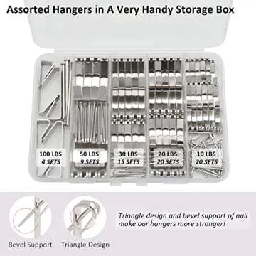 136Pcs Picture Hangers, 5 Sizes Picture Hanging Kits Including 10/20/30/50/100lb Picture Hanging Hooks, Sorted Picture Hooks with Nails for Drywall Wooden Wall in a Very Handy Storage Case (Silver)