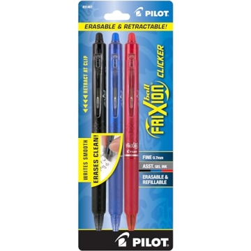 PILOT FriXion Clicker Erasable, Refillable & Retractable Gel Ink Pens, Fine Point, Black/Blue/Red In...