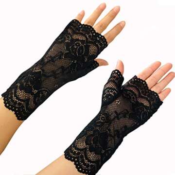 monochef Women Short Lace Gloves Sunblock Fingerless Bridal Wrist Floral Opera Evening Party Wedding Tea Prom Cosplay 1920s for Ladies and Girls, Black (Black)