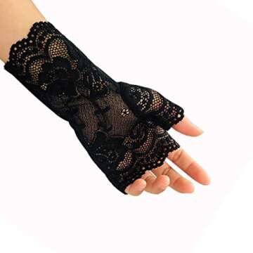 monochef Women Short Lace Gloves Sunblock Fingerless Bridal Wrist Floral Opera Evening Party Wedding Tea Prom Cosplay 1920s for Ladies and Girls, Black (Black)