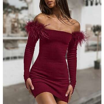 BTFBM Women's Off Shoulder Bodycon Dress Feather Long Sleeve Ribbed Knit Elegant Cocktail Evening Pa...