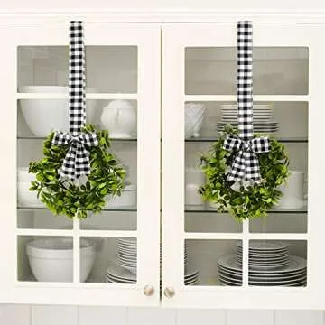 LCI Set of 2 Faux Kitchen Cabinet Wreaths 11" W x 21" L Each (Black & White Plaid)