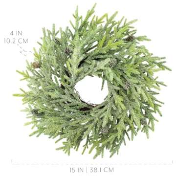 AuldHome Design Artificial Christmas Wreaths (2-Pack, 15-Inch); Evergreen Flocked Greenery w/Pinecones for Doors, Stairways and Windows, Indoor/Outdoor