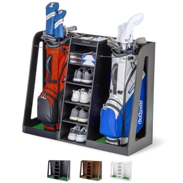 GoSports Premium Wooden Golf Bag Organizer and Storage Rack – Black, Brown, and White