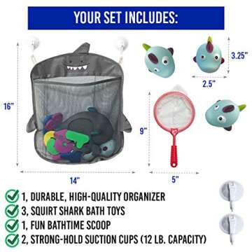 Bath Toy Organizer and Shark Bath Toy Set | Bath Toys for Toddlers | Bath Toy Holder | Tub Toy Storage with Strong Suction Cups | Mesh Bath Toy Organizer | For Baby, Kids, and Toddlers