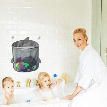 Bath Toy Organizer and Shark Bath Toy Set | Bath Toys for Toddlers | Bath Toy Holder | Tub Toy Storage with Strong Suction Cups | Mesh Bath Toy Organizer | For Baby, Kids, and Toddlers