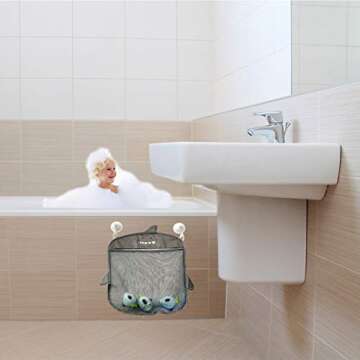 Bath Toy Organizer and Shark Bath Toy Set | Bath Toys for Toddlers | Bath Toy Holder | Tub Toy Storage with Strong Suction Cups | Mesh Bath Toy Organizer | For Baby, Kids, and Toddlers