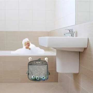 Bath Toy Organizer and Shark Bath Toy Set | Bath Toys for Toddlers | Bath Toy Holder | Tub Toy Storage with Strong Suction Cups | Mesh Bath Toy Organizer | For Baby, Kids, and Toddlers