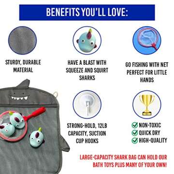 Bath Toy Organizer and Shark Bath Toy Set | Bath Toys for Toddlers | Bath Toy Holder | Tub Toy Storage with Strong Suction Cups | Mesh Bath Toy Organizer | For Baby, Kids, and Toddlers