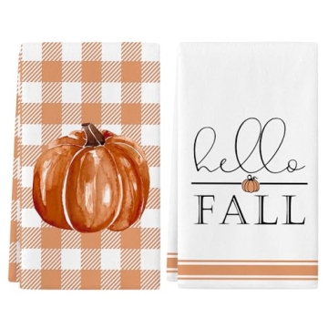Siilues Fall Kitchen Towels Set of 2,18x26 Inch Fall Decor Hello Fall Decorations for Home Pumpkin D...