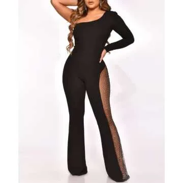 RINTONIX One Shoulder Rhinestone Jumpsuit for Women