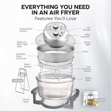 Big Boss Air Fryer, Super Sized 16 Quart Large Air Fryer Oven Glass Air Fryer, Infrared Convection Healthy Meal Electric Cooker with Timer, Dishwasher Safe, Plus 50+ Recipe Book