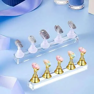 2 Set Acrylic Nail Practice Stand Magnetic Nail Tip Art Display Stand Holder Manicure Tool with Reusable Adhesive Putty Clay for Home Salon Makeup (Golden and White)