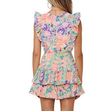 DOUFIN Women's Floral Crew Neck Sleeveless Ruffle Shoulder Summer Dress Waist Tie Double Layers Ruffle Hem Short Dresses