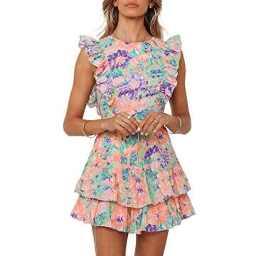 DOUFIN Women's Floral Crew Neck Sleeveless Ruffle Shoulder Summer Dress Waist Tie Double Layers Ruffle Hem Short Dresses