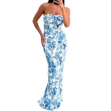 Faretumiya Chic Tube Maxi Dress Women Strapless Low Cut Backless Skinny Long Dress Going Out Formal Wedding Guest Dress(Blue Printed Floral,Medium)